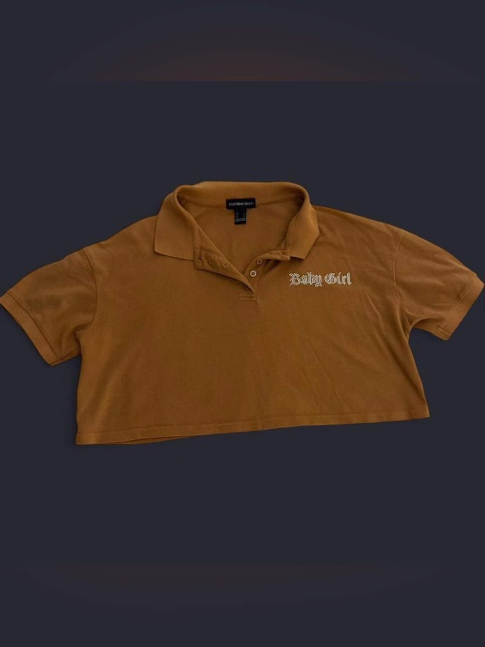 Streetwear Society Cropped Polo Shirt in Warm Brown with 'Baby Girl' Script